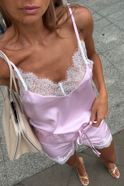 THE LACE  Жiночий топ із куліскою з сатину та мереживом рожевий