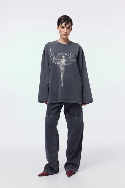 BAZHANE Лонгслів у вінтажному стилі з принтом "Янгол"