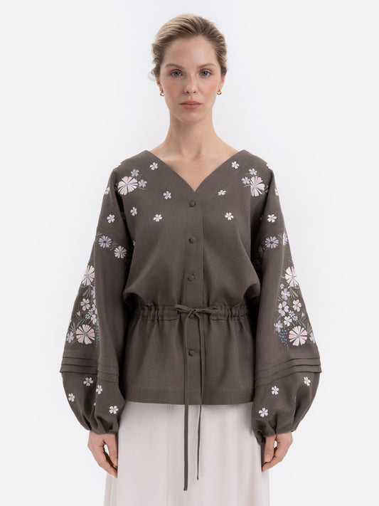 ETNODIM Лляна вишиванка з рослинним орнаментом "Буджак" темна