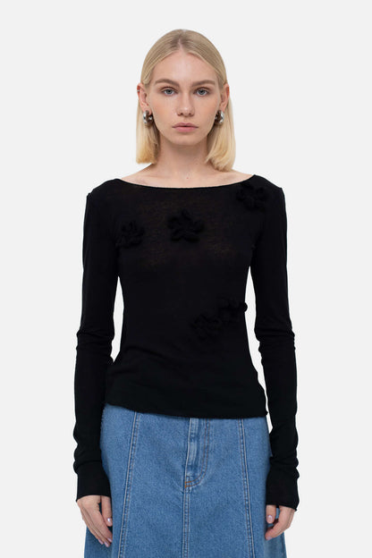 Black Blouse with Crochet Flowers