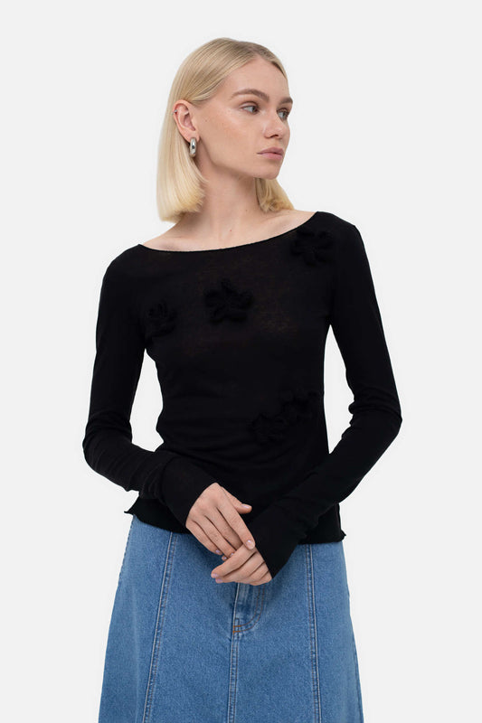 Black Blouse with Crochet Flowers