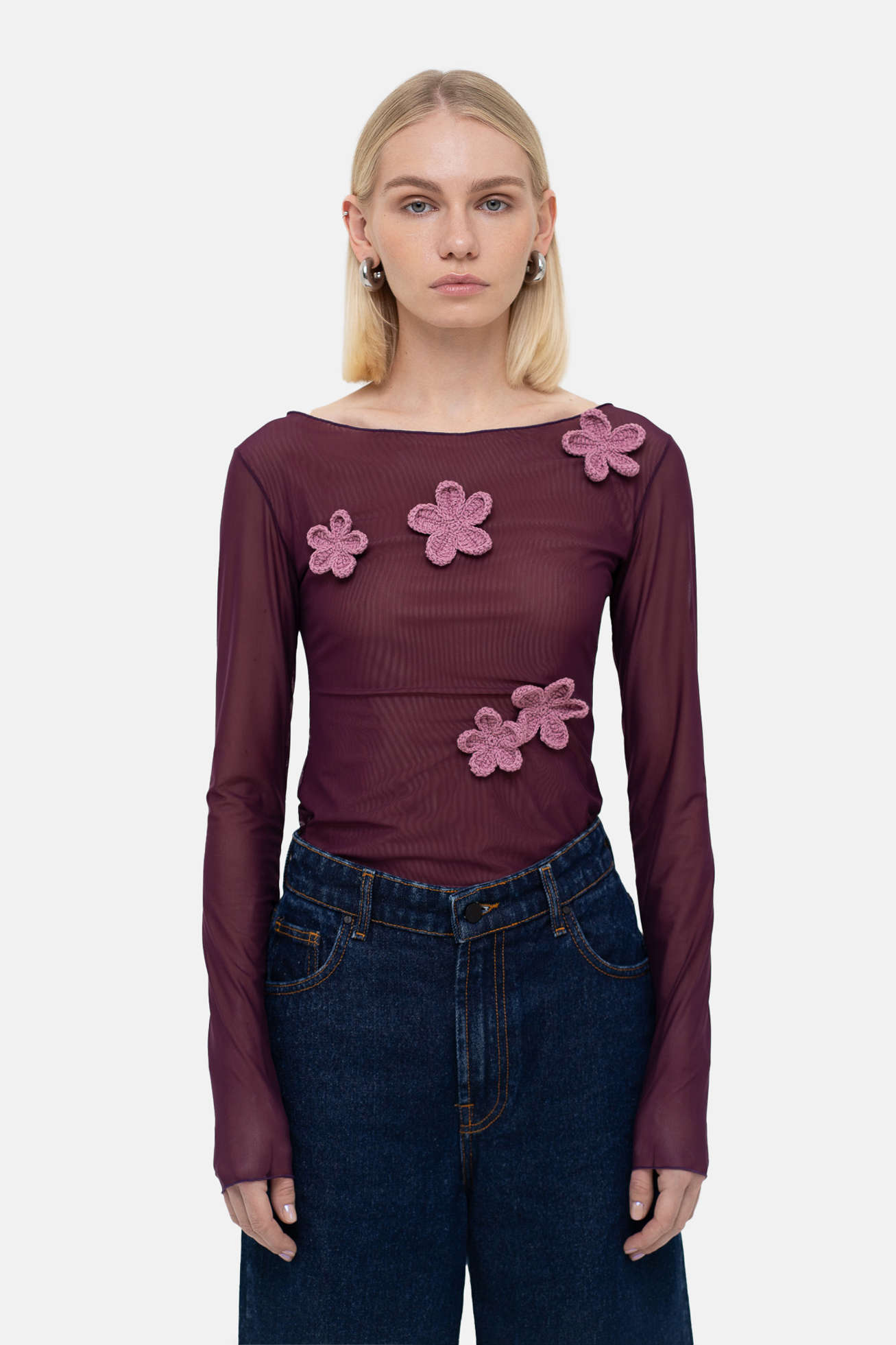 MATCH DENIM Grape Blouse with Crochet Flowers