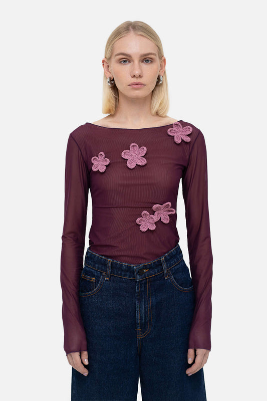 MATCH DENIM Grape Blouse with Crochet Flowers
