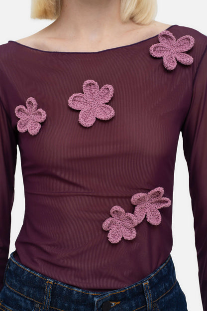 MATCH DENIM Grape Blouse with Crochet Flowers