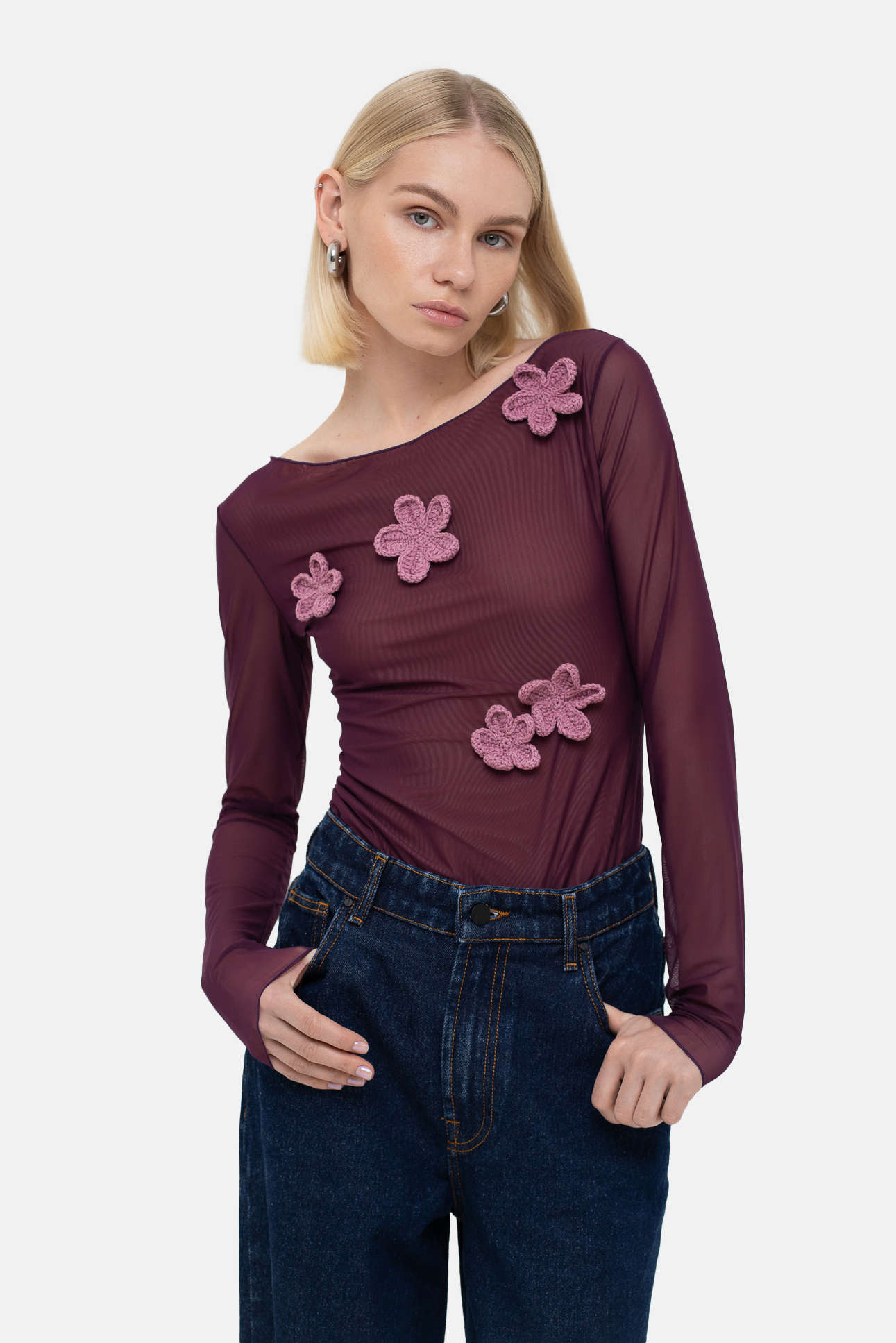 MATCH DENIM Grape Blouse with Crochet Flowers