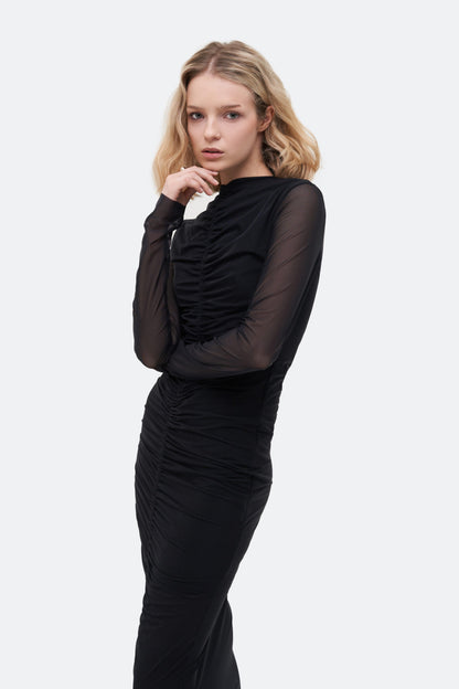 MATCH DENIM Midi Drape Black Dress