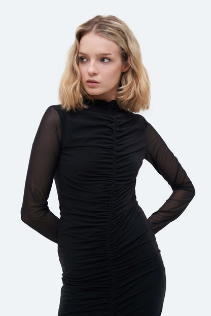 MATCH DENIM Midi Drape Black Dress