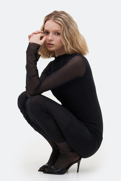 MATCH DENIM Midi Drape Black Dress