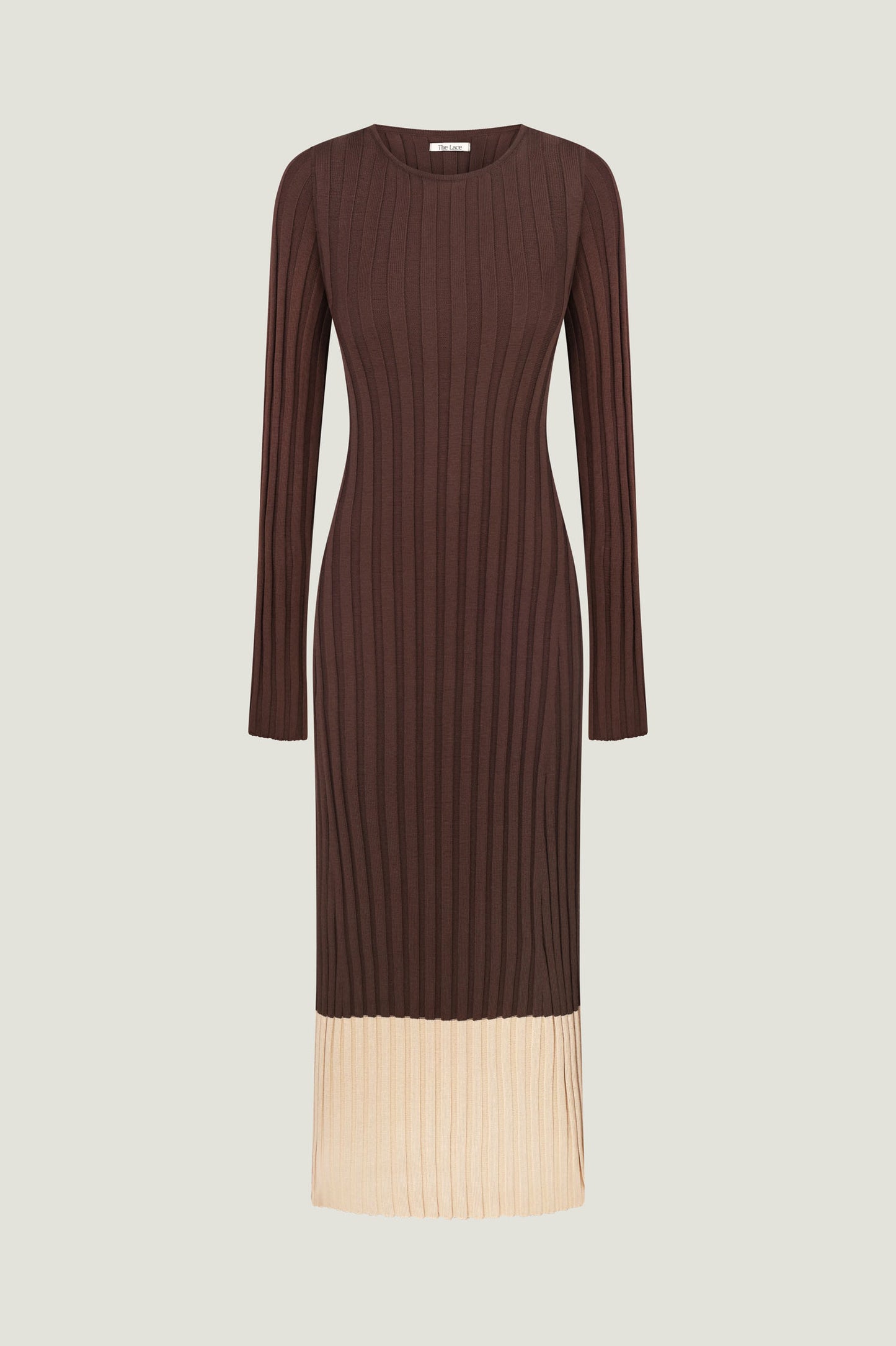 THE LACE Жiночa трикотажна сукня максі з кремовим низом шоколадна