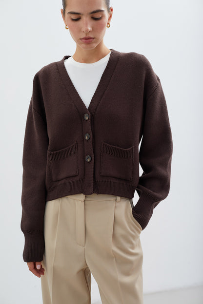 THE LACE Жiночий кардиган трикотажний з кишенями шоколадний
