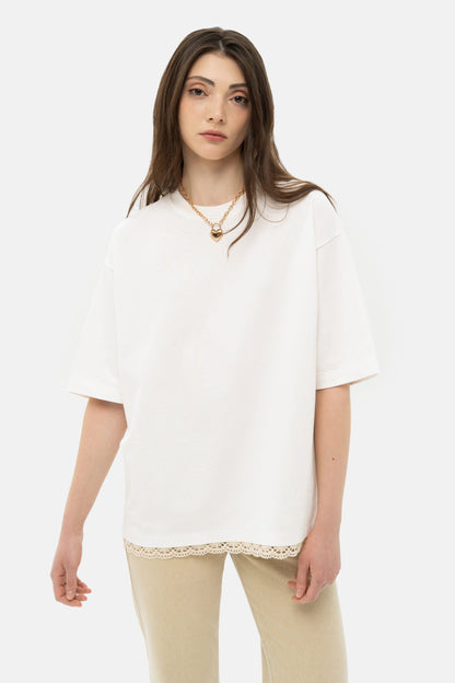 MATCH DENIM Milk T-Shirt with crochet trim